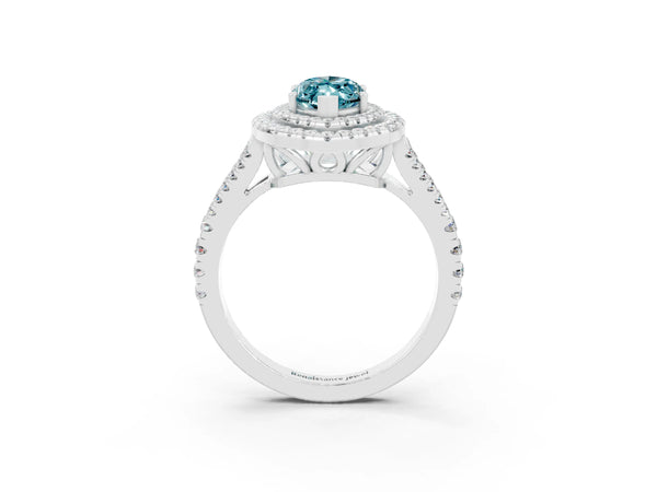 Silver Marquise Cut Blue Topaz Double Halo Ring with Pavé Band and Prong Setting