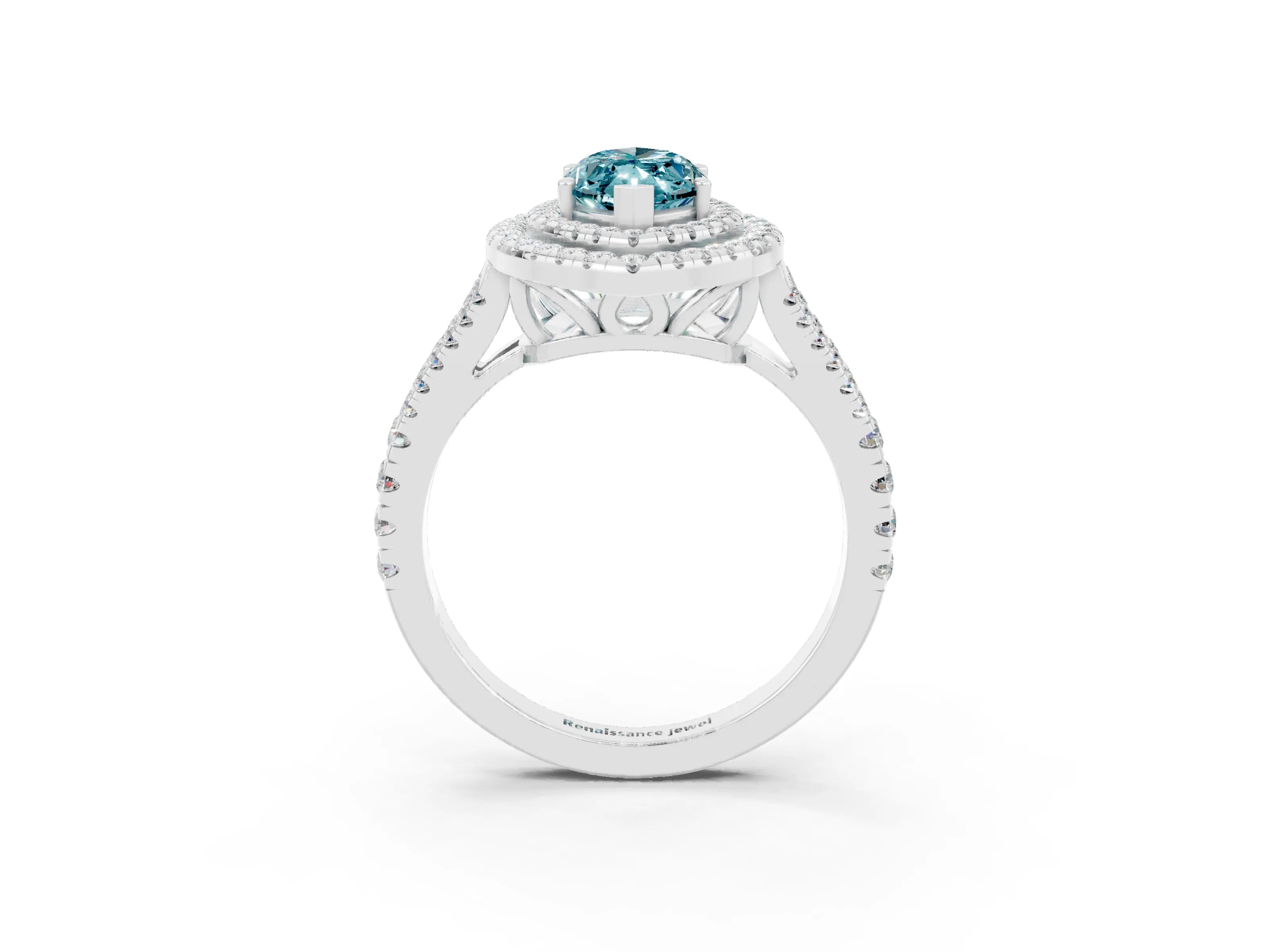 White gold Marquise Cut Blue Topaz Double Halo Ring with Pavé Band and Prong Setting_15