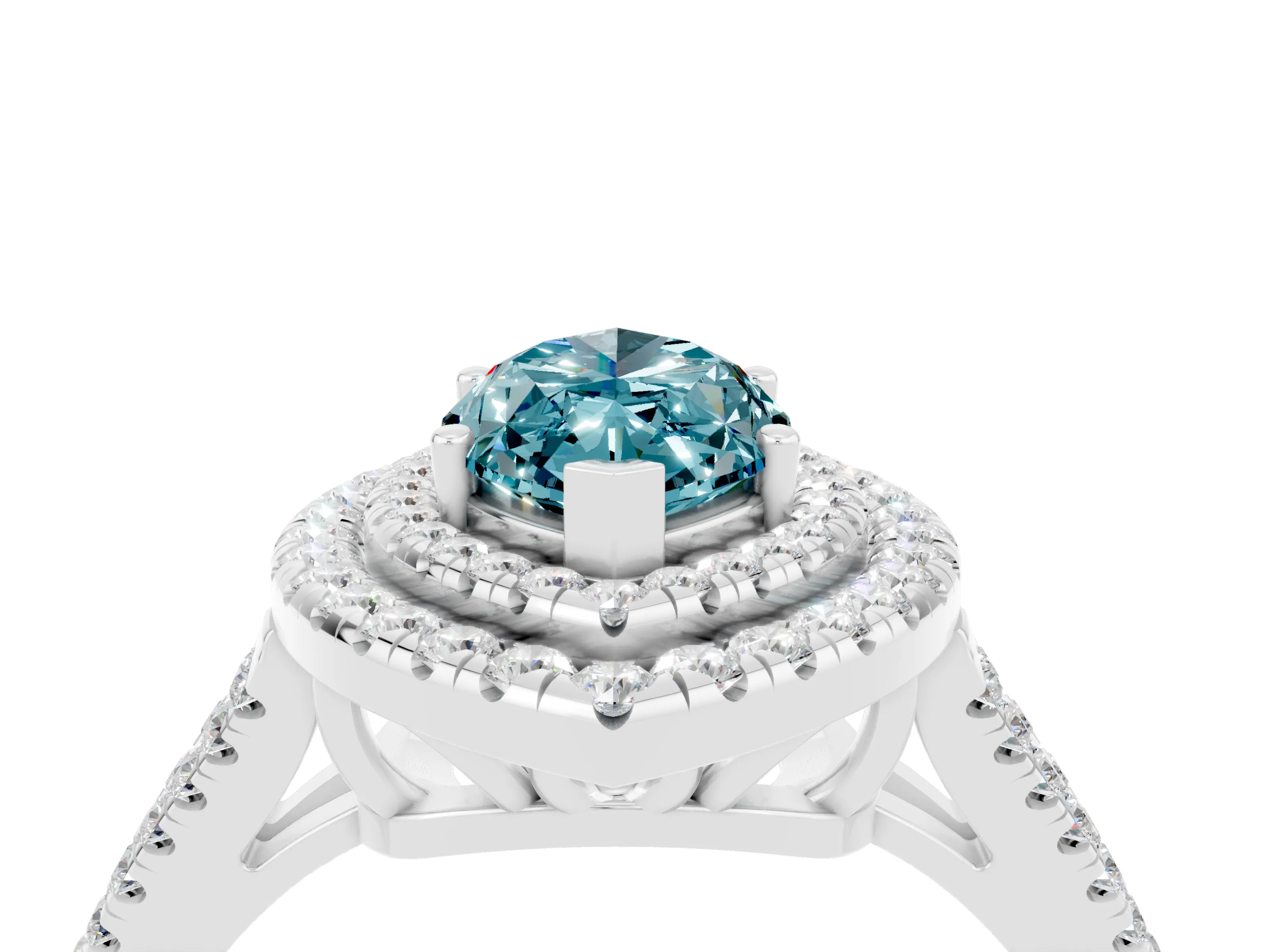 White gold Marquise Cut Blue Topaz Double Halo Ring with Pavé Band and Prong Setting_16