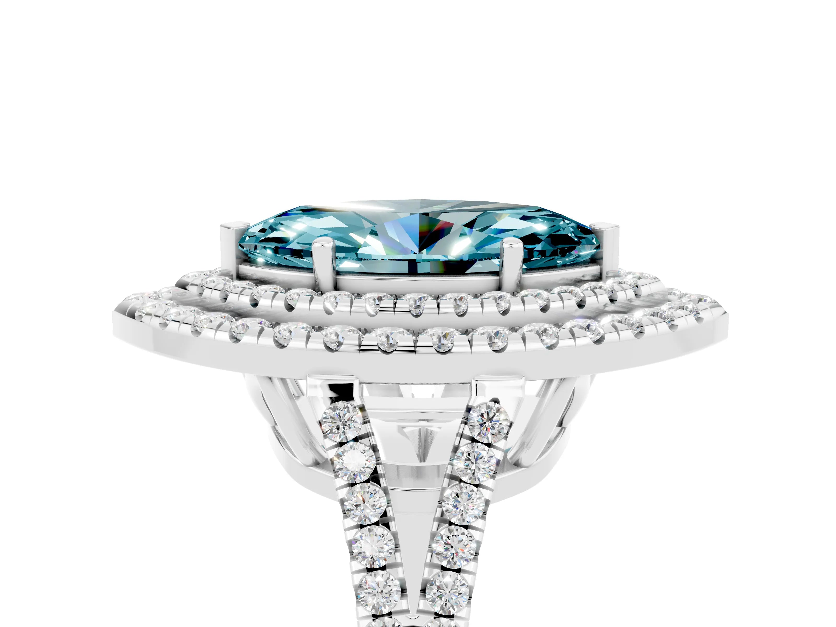 White gold Marquise Cut Blue Topaz Double Halo Ring with Pavé Band and Prong Setting_17