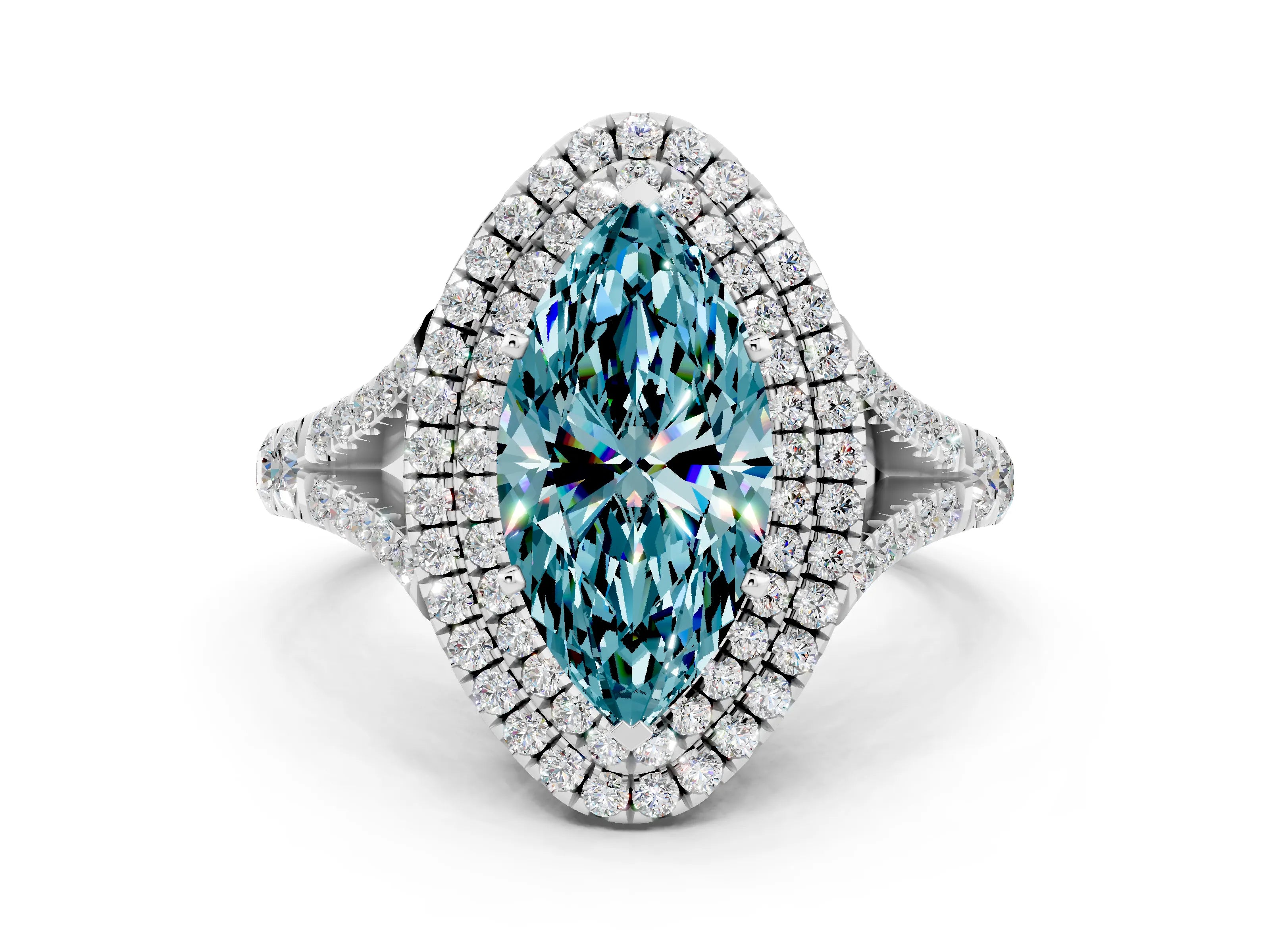 White gold Marquise Cut Blue Topaz Double Halo Ring with Split Shank and Prong Setting_12