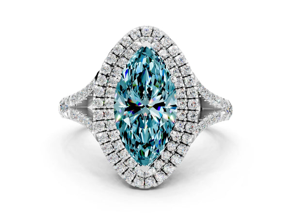 Platinum Marquise Cut Blue Topaz Double Halo Ring with Split Shank and Prong Setting