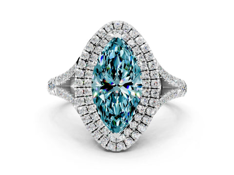 White gold Marquise Cut Blue Topaz Double Halo Ring with Split Shank and Prong Setting_12