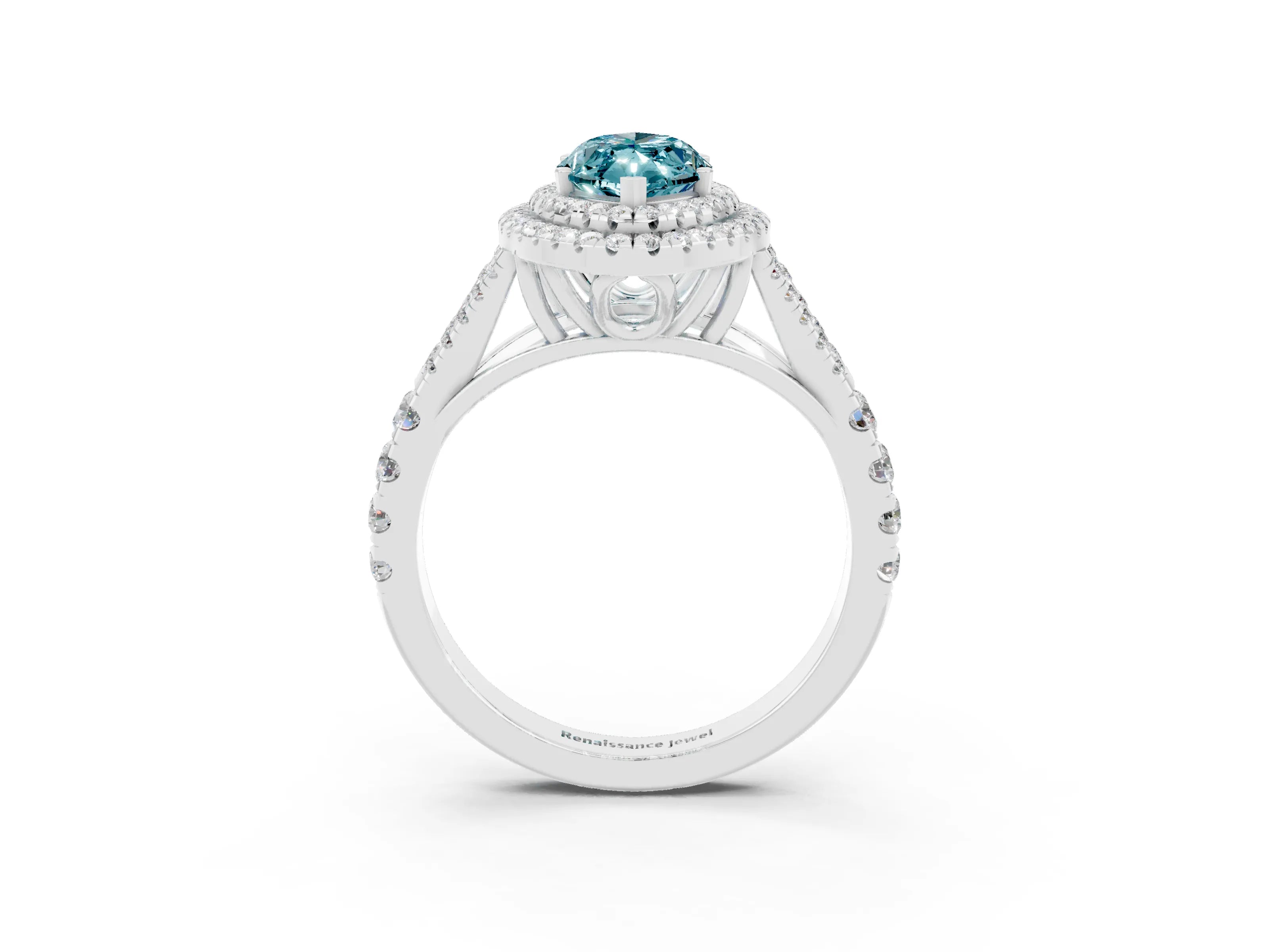 White gold Marquise Cut Blue Topaz Double Halo Ring with Split Shank and Prong Setting_15