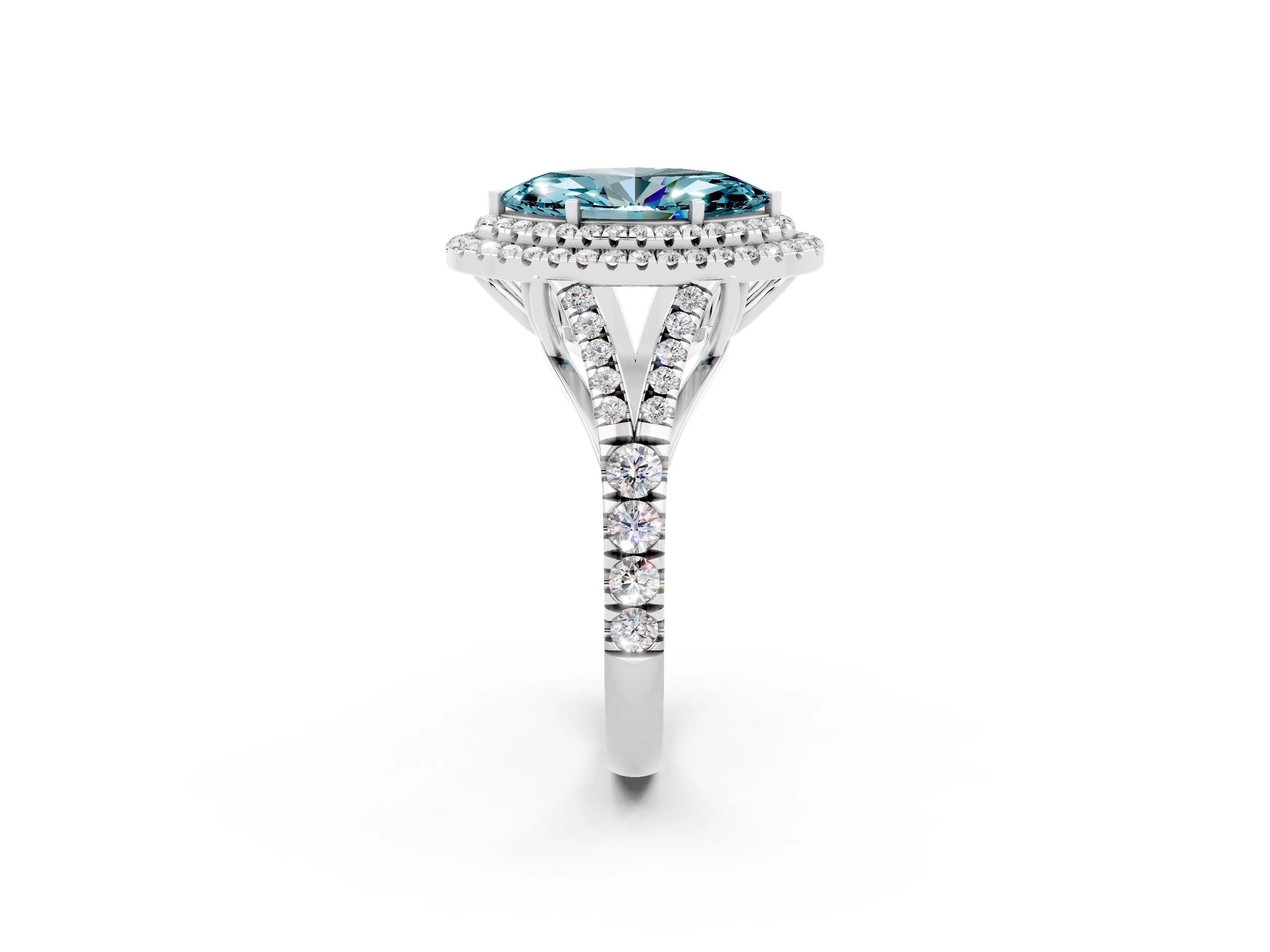 White gold Marquise Cut Blue Topaz Double Halo Ring with Split Shank and Prong Setting_26