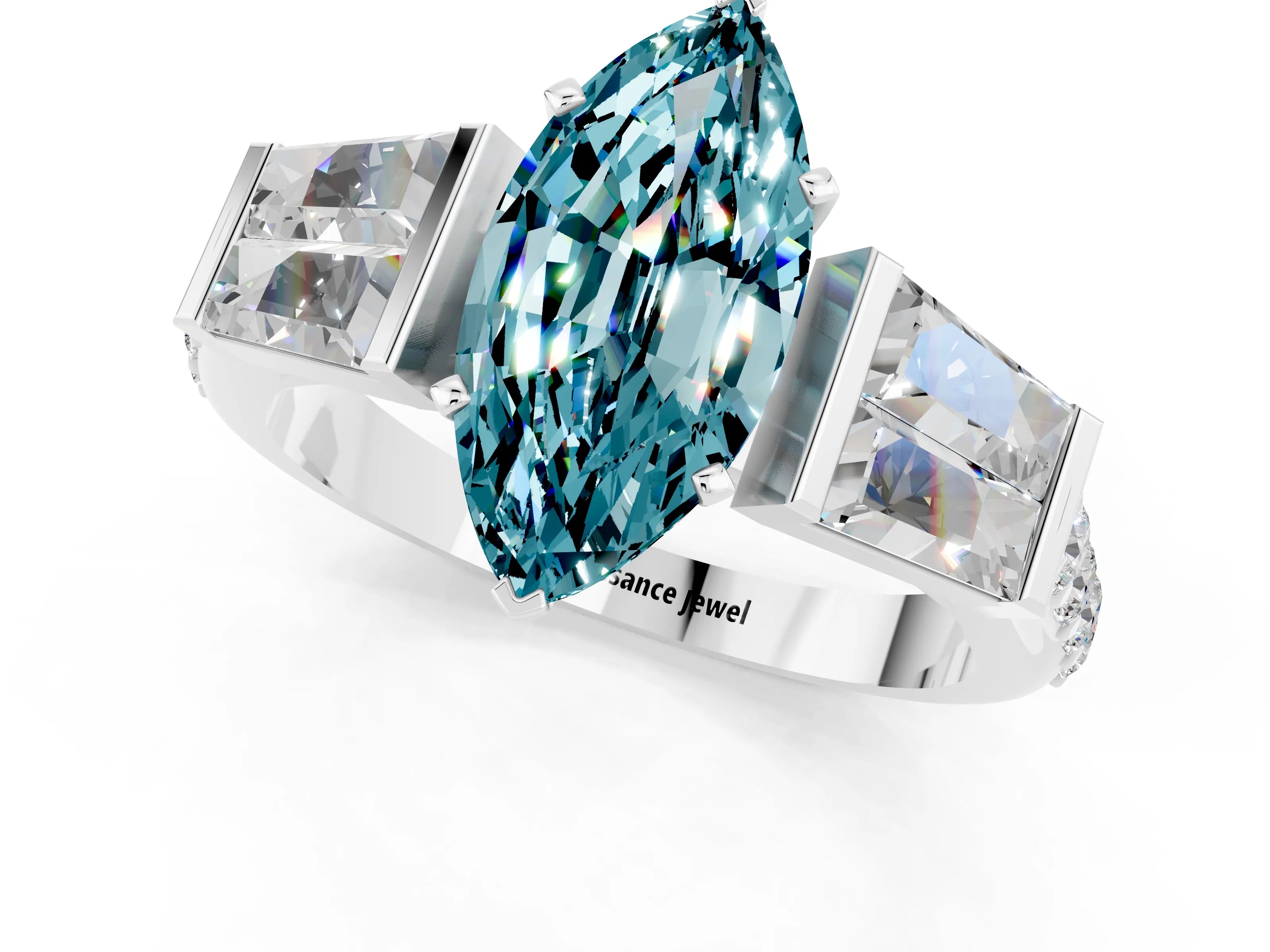 White gold Marquise Cut Blue Topaz Engagement Ring with Baguette Side Stones and Channel Set Band_1