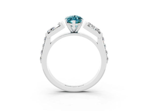 White gold Marquise Cut Blue Topaz Engagement Ring with Baguette Side Stones and Channel Set Band