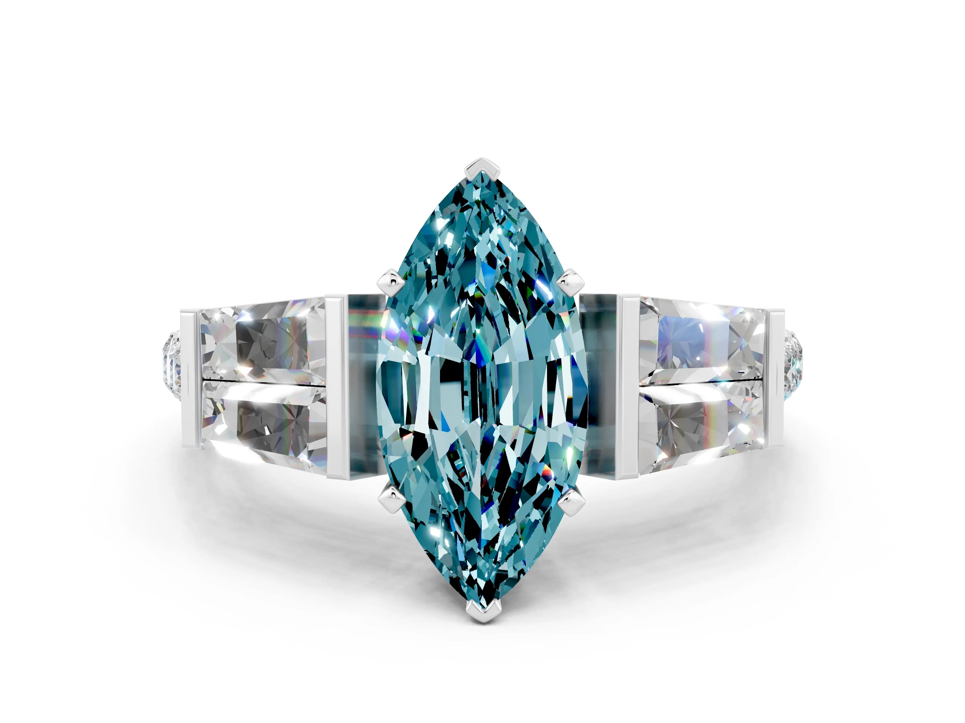 White gold Marquise Cut Blue Topaz Engagement Ring with Baguette Side Stones and Channel Set Band