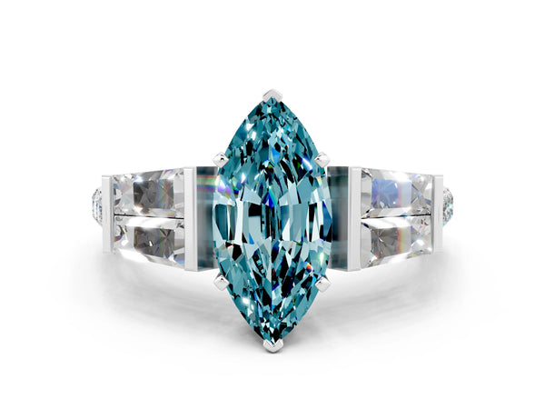 Silver Marquise Cut Blue Topaz Engagement Ring with Baguette Side Stones and Channel Set Band