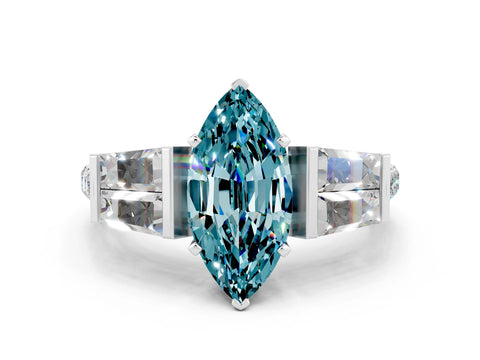 White gold Marquise Cut Blue Topaz Engagement Ring with Baguette Side Stones and Channel Set Band