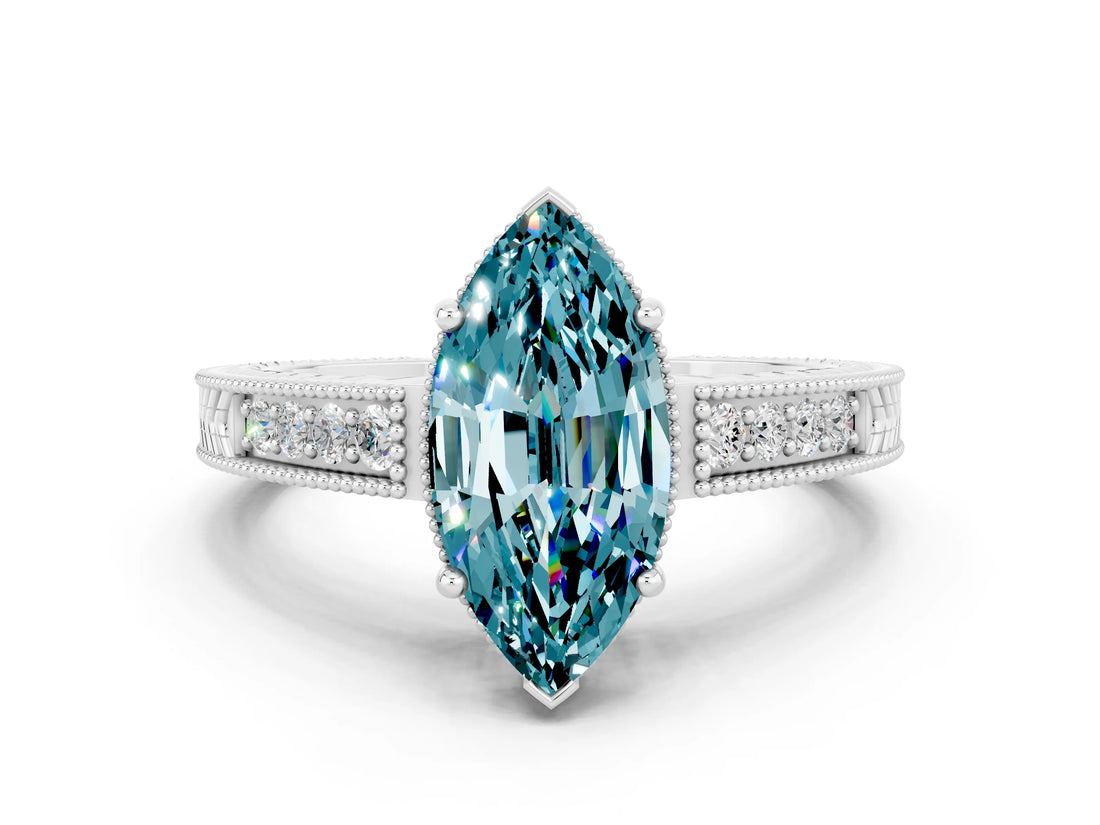 White gold Marquise Cut Blue Topaz Engagement Ring with Milgrain Channel Set Band and Prong Setting