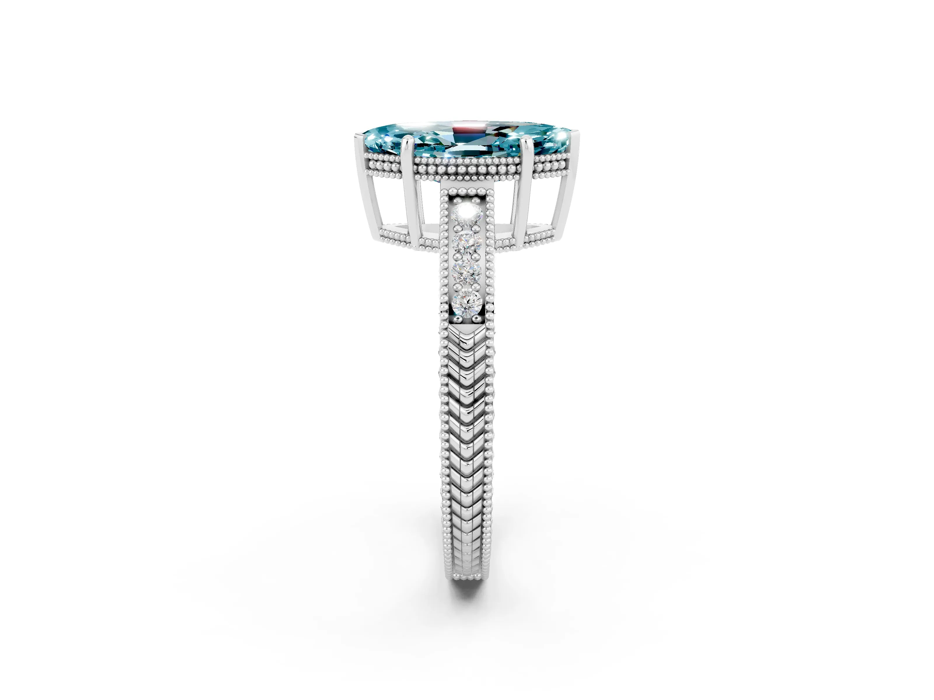 White gold Marquise Cut Blue Topaz Engagement Ring with Milgrain Channel Set Band and Prong Setting_2