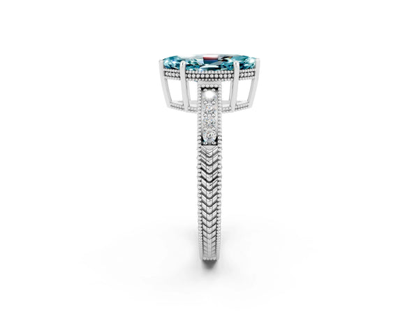 Platinum Marquise Cut Blue Topaz Engagement Ring with Milgrain Channel Set Band and Prong Setting