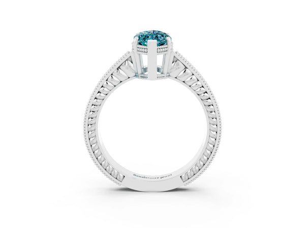 Silver Marquise Cut Blue Topaz Engagement Ring with Milgrain Channel Set Band and Prong Setting