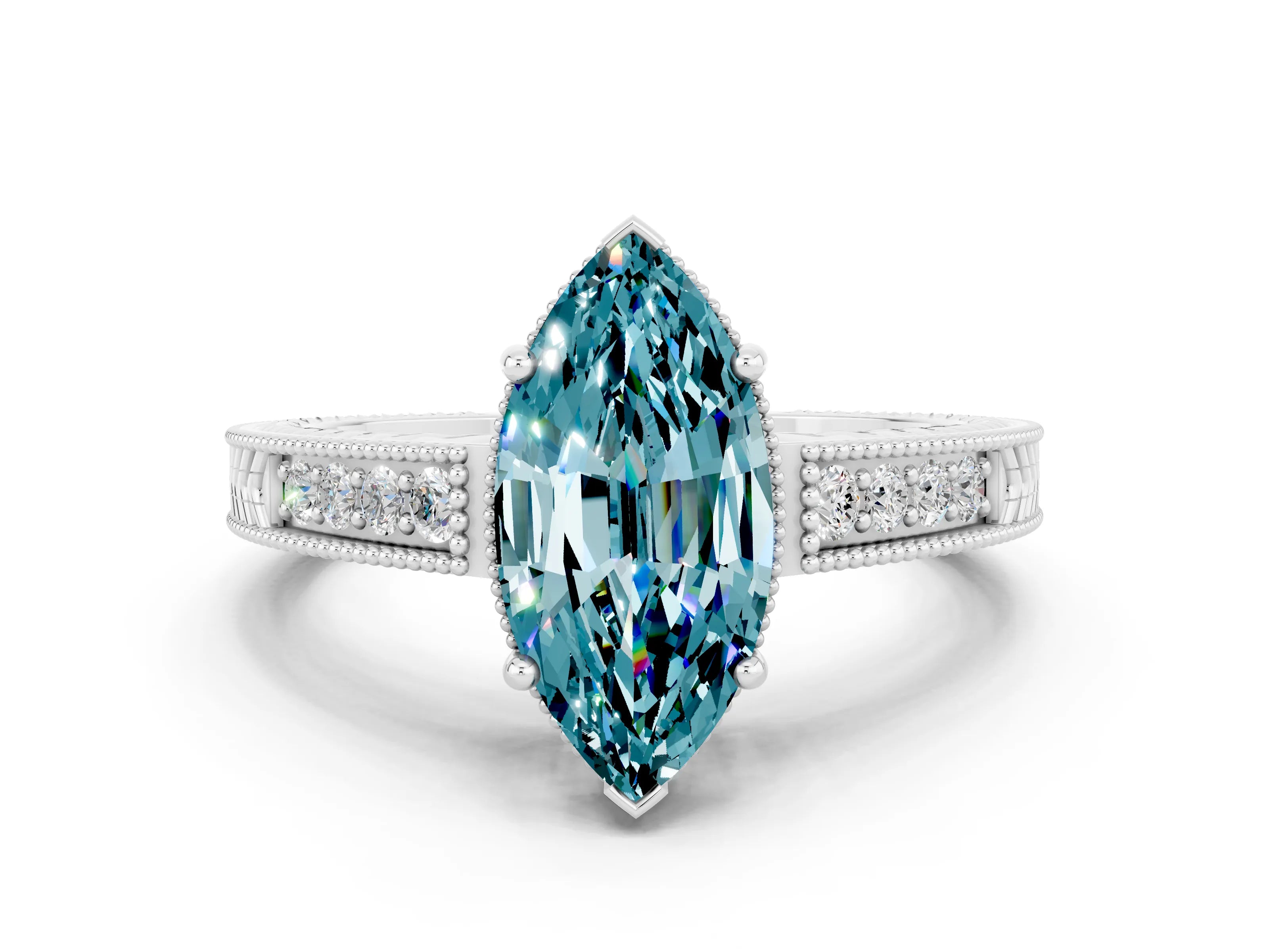 White gold Marquise Cut Blue Topaz Engagement Ring with Milgrain Channel Set Band and Prong Setting