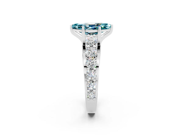 Platinum Marquise Cut Blue Topaz Engagement Ring with Pavé Band and Four-Prong Setting