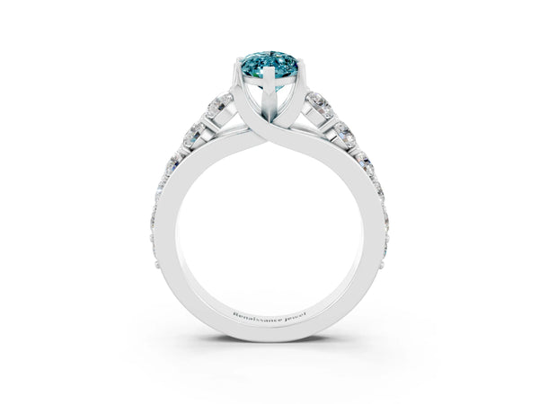 Platinum Marquise Cut Blue Topaz Engagement Ring with Pavé Band and Four-Prong Setting