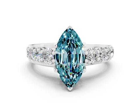 White gold Marquise Cut Blue Topaz Engagement Ring with Pavé Band and Four-Prong Setting