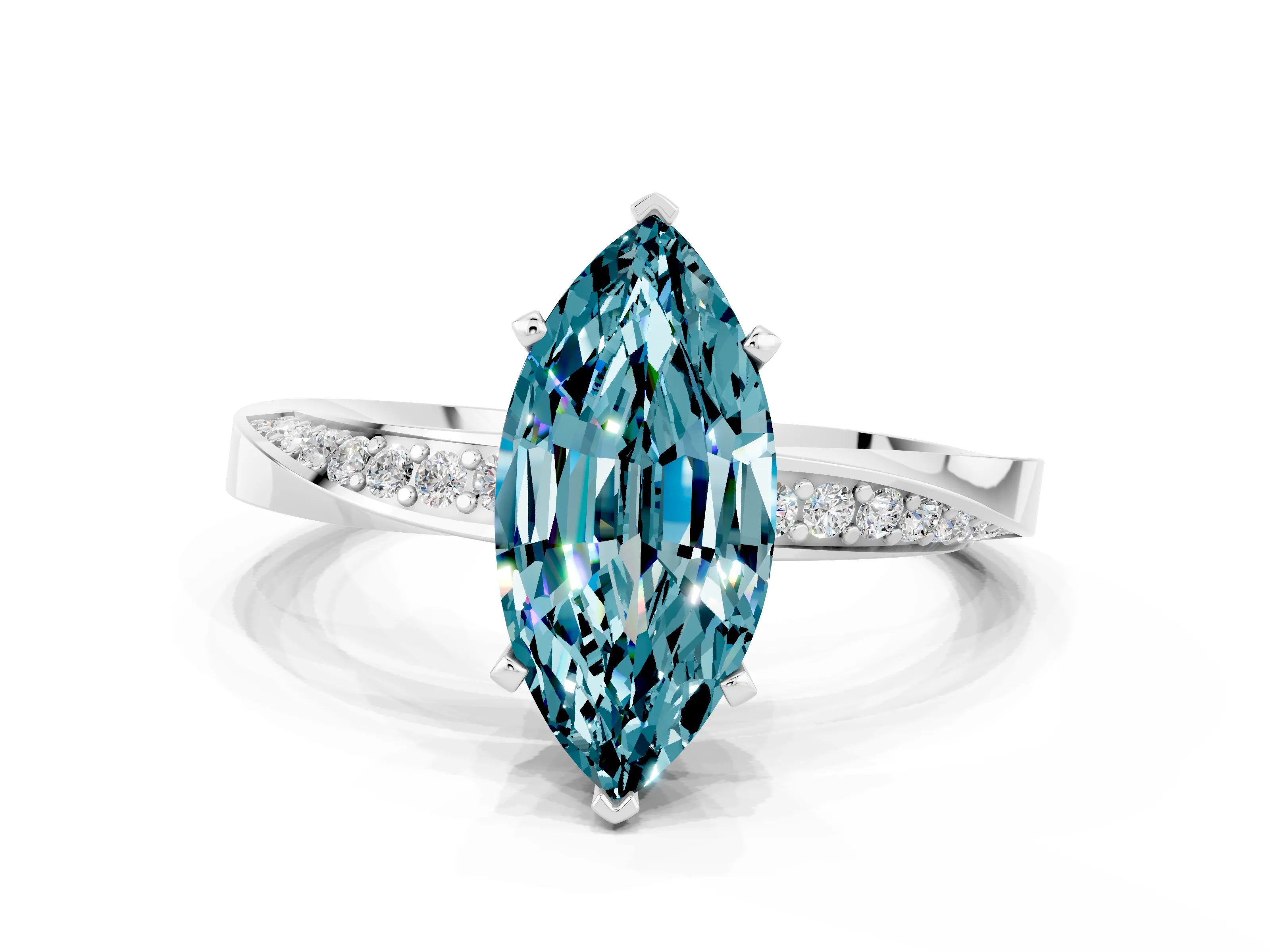 White gold Marquise Cut Blue Topaz Engagement Ring with Side Stone Accents and Four-Prong Setting_27