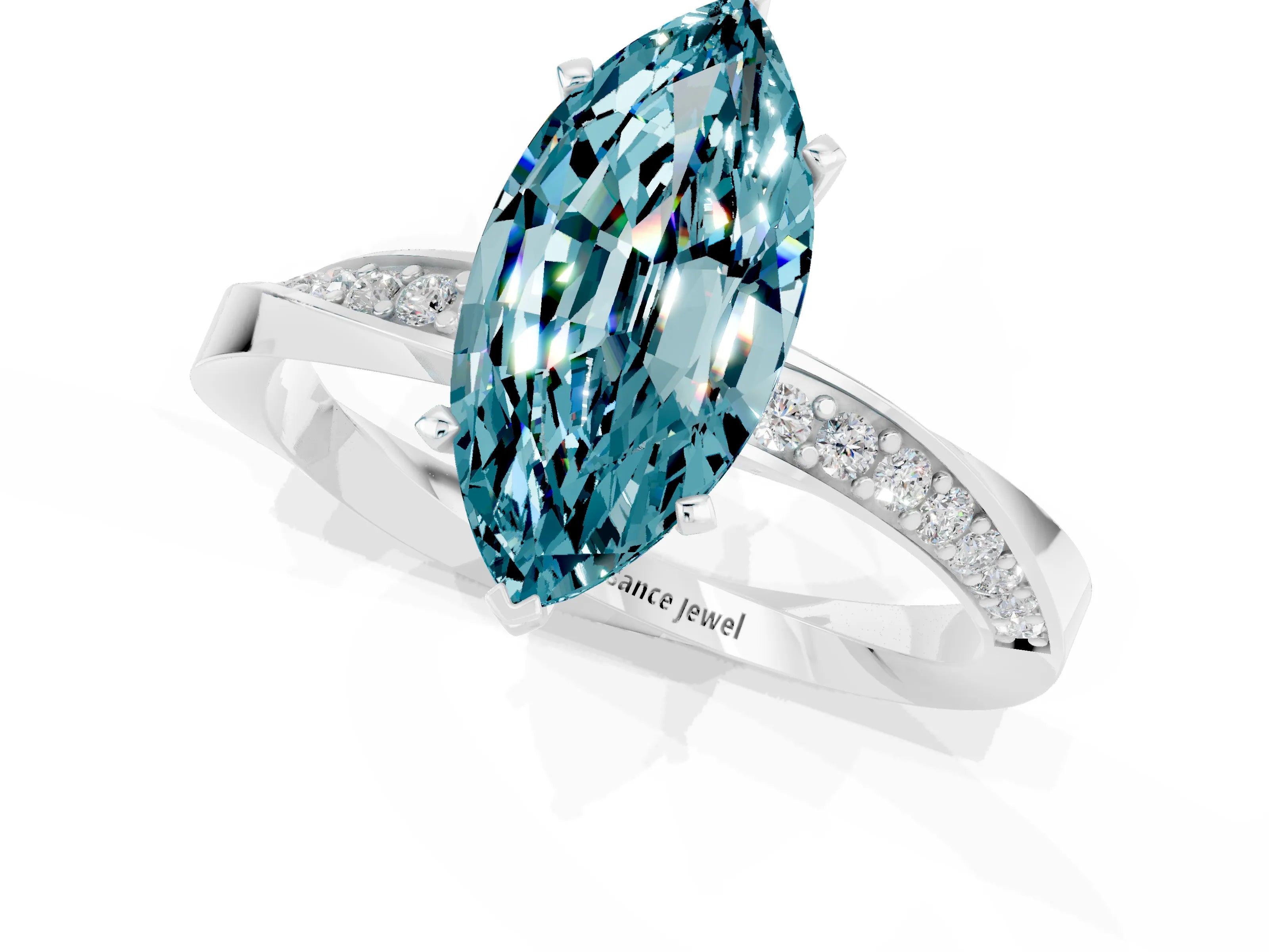 White gold Marquise Cut Blue Topaz Engagement Ring with Side Stone Accents and Four-Prong Setting_28
