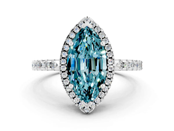 Platinum Marquise Cut Blue Topaz Halo Engagement Ring with Pavé Band and Prong Setting