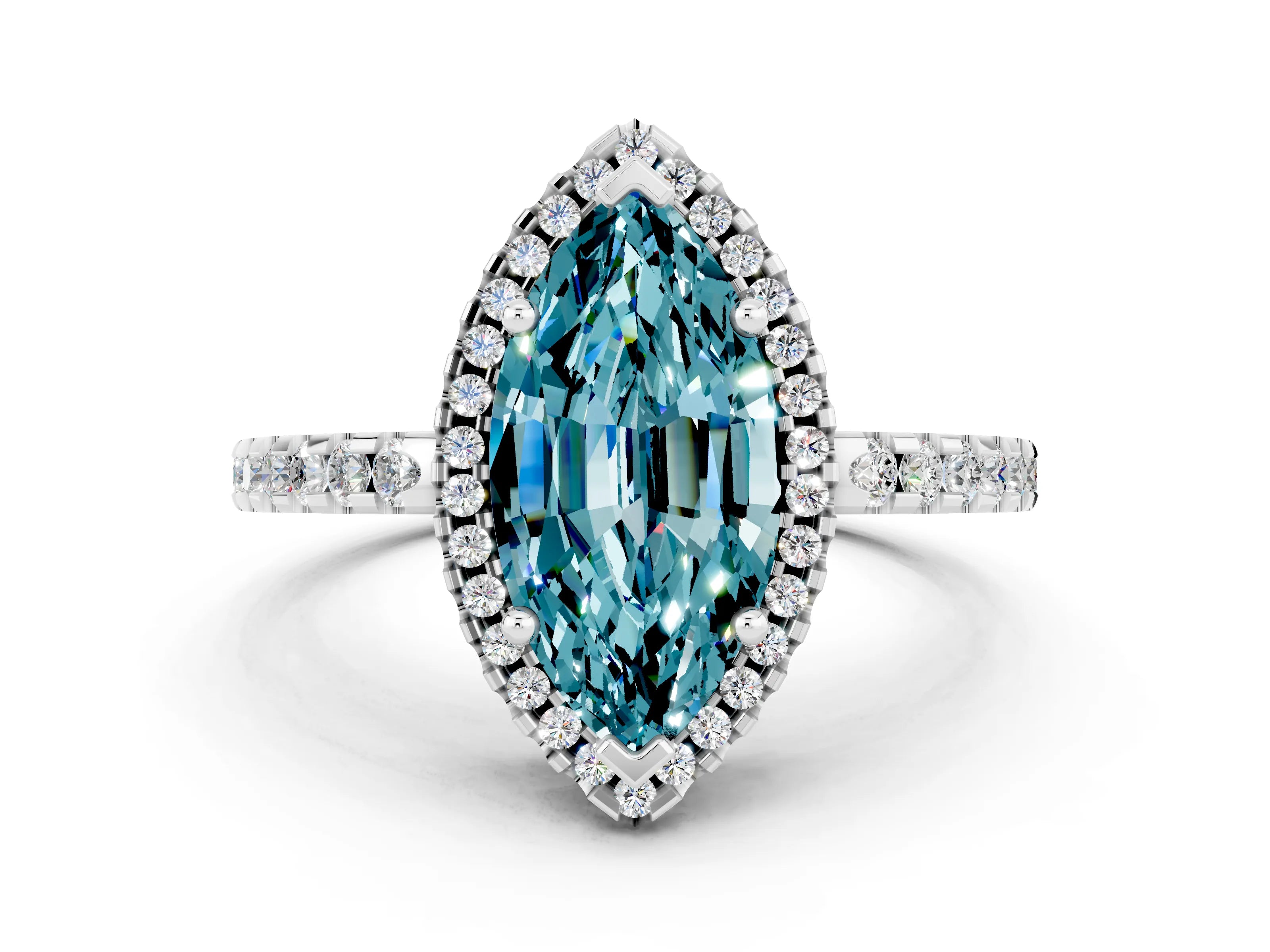 White gold Marquise Cut Blue Topaz Halo Engagement Ring with Pavé Band and Prong Setting_48