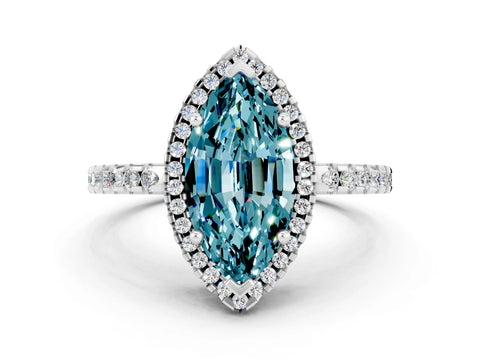 White gold Marquise Cut Blue Topaz Halo Engagement Ring with Pavé Band and Prong Setting_48