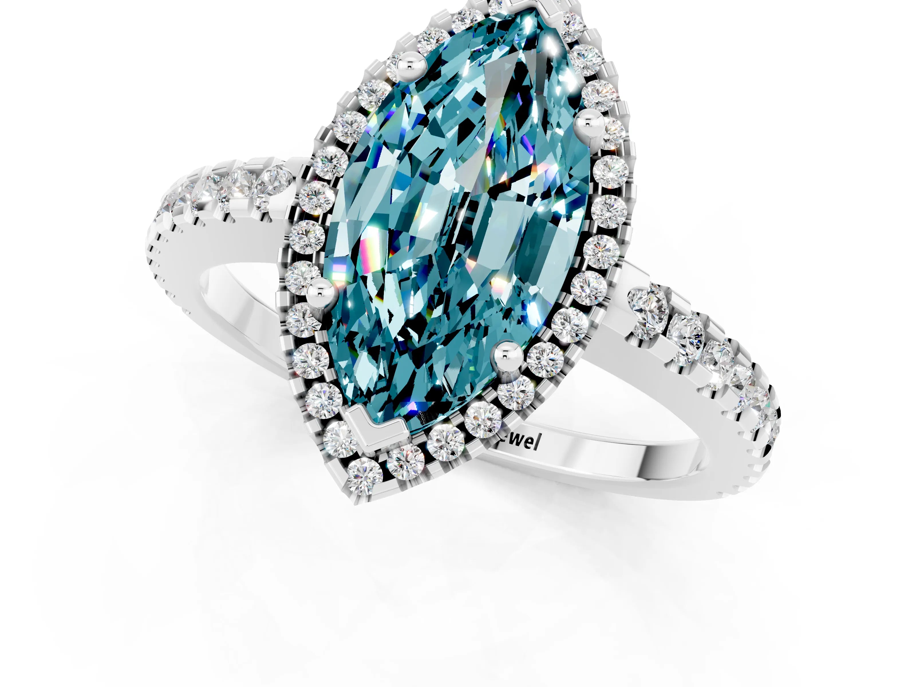 White gold Marquise Cut Blue Topaz Halo Engagement Ring with Pavé Band and Prong Setting_49