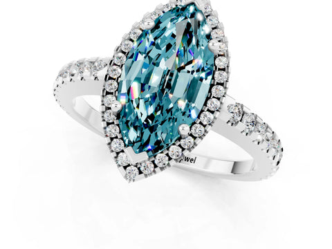 White gold Marquise Cut Blue Topaz Halo Engagement Ring with Pavé Band and Prong Setting_49