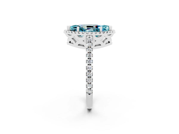 Platinum Marquise Cut Blue Topaz Halo Engagement Ring with Pavé Band and Prong Setting