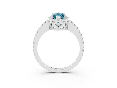 White gold Marquise Cut Blue Topaz Halo Engagement Ring with Pavé Band and Prong Setting_51