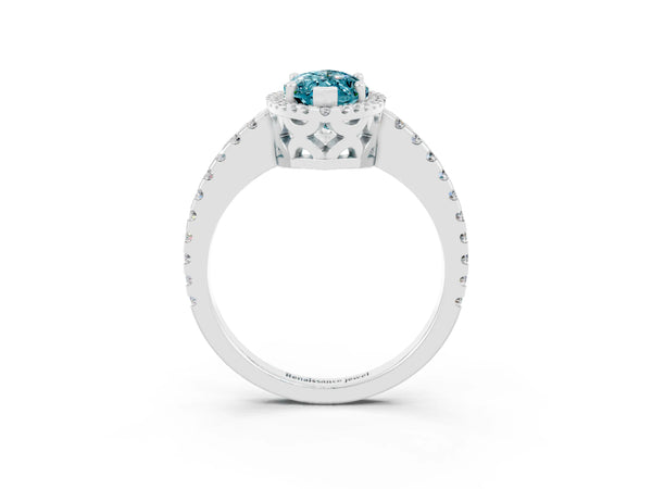 White gold Marquise Cut Blue Topaz Halo Engagement Ring with Pavé Band and Prong Setting
