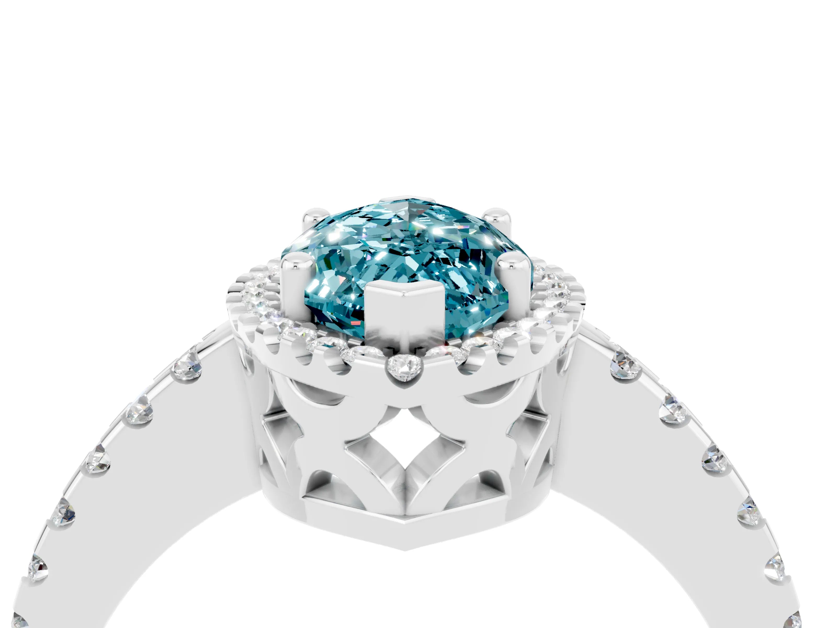 White gold Marquise Cut Blue Topaz Halo Engagement Ring with Pavé Band and Prong Setting_52