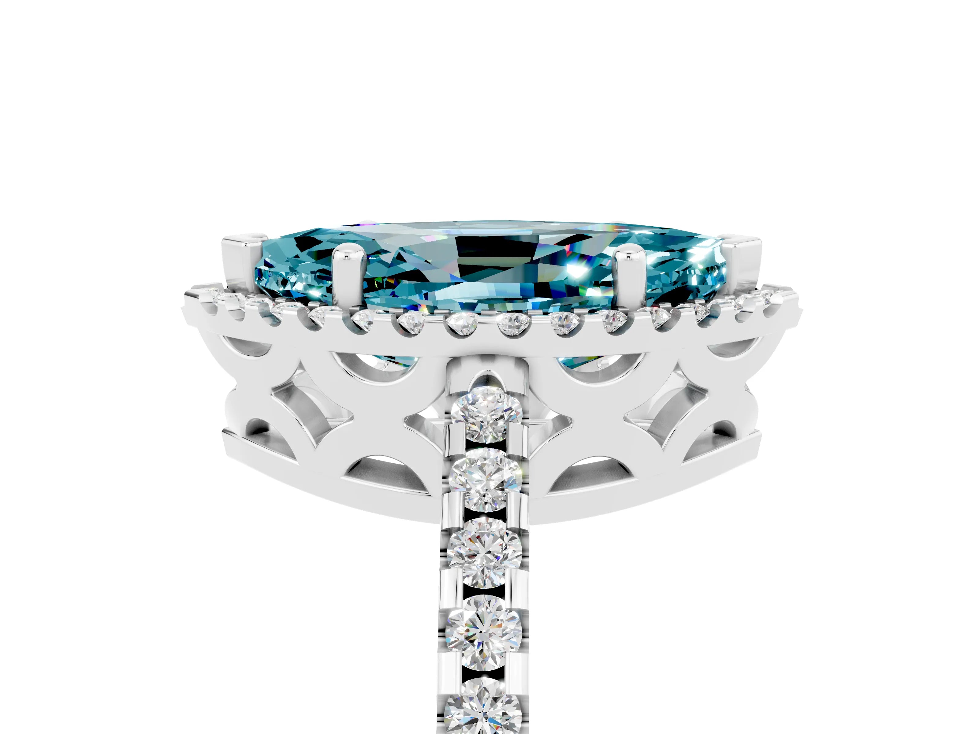 White gold Marquise Cut Blue Topaz Halo Engagement Ring with Pavé Band and Prong Setting_53