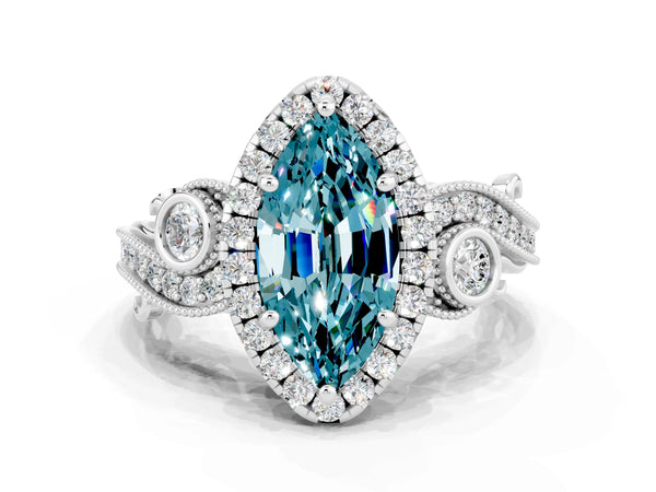 Platinum Marquise Cut Blue Topaz Halo Ring with Milgrain Pavé Band and Four-Prong Setting