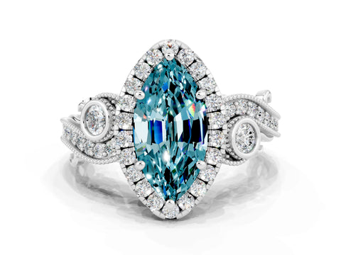 White gold Marquise Cut Blue Topaz Halo Ring with Milgrain Pavé Band and Four-Prong Setting_12