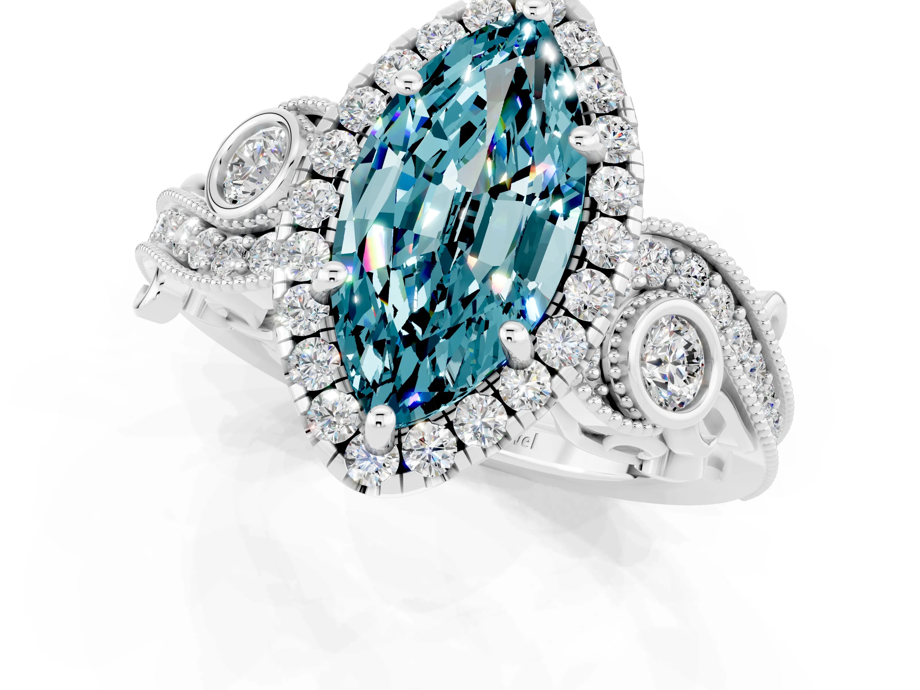 White gold Marquise Cut Blue Topaz Halo Ring with Milgrain Pavé Band and Four-Prong Setting_13