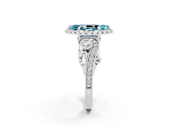Platinum Marquise Cut Blue Topaz Halo Ring with Milgrain Pavé Band and Four-Prong Setting