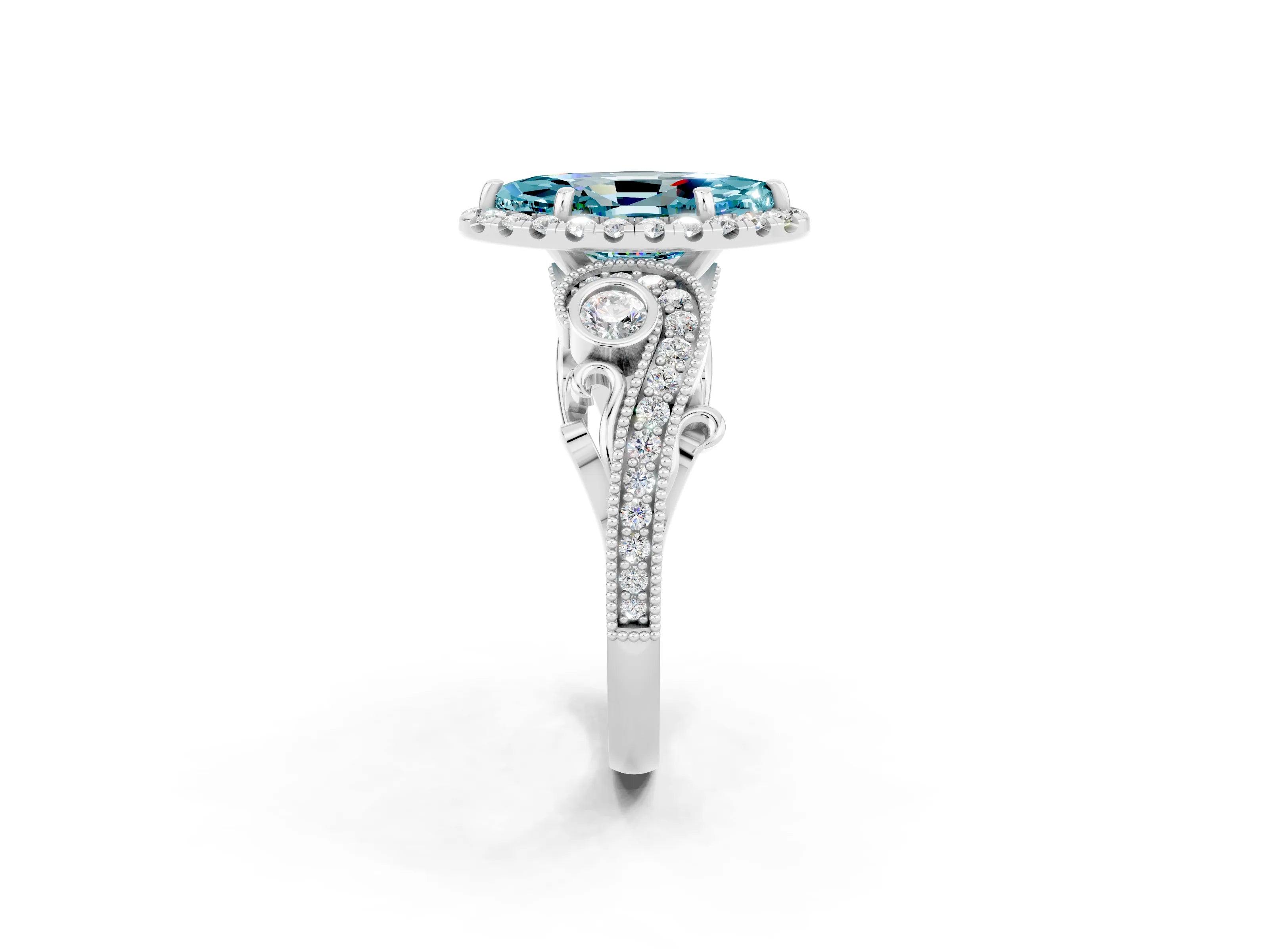White gold Marquise Cut Blue Topaz Halo Ring with Milgrain Pavé Band and Four-Prong Setting_14
