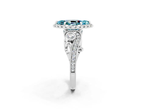 White gold Marquise Cut Blue Topaz Halo Ring with Milgrain Pavé Band and Four-Prong Setting_14