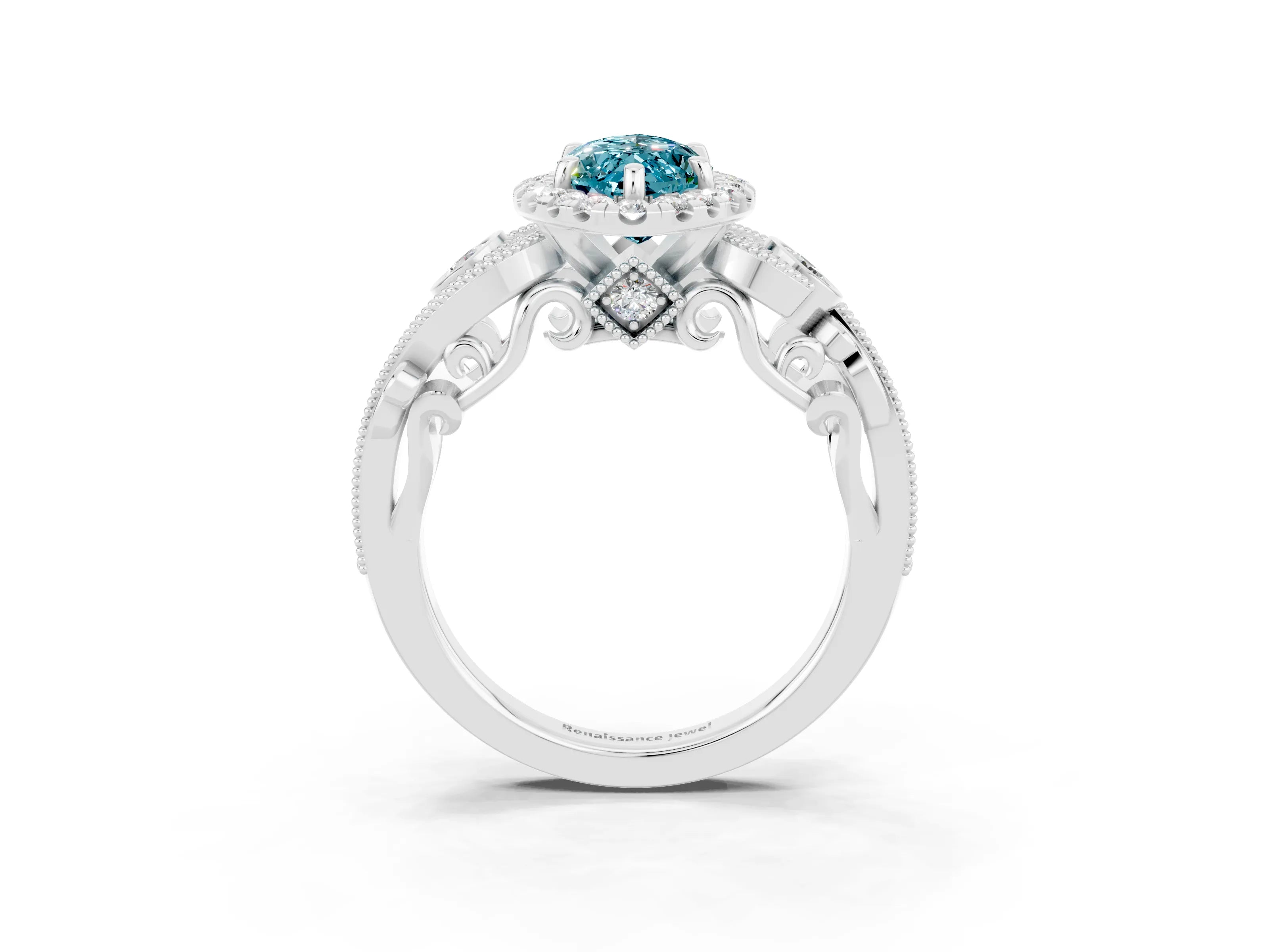 White gold Marquise Cut Blue Topaz Halo Ring with Milgrain Pavé Band and Four-Prong Setting_15