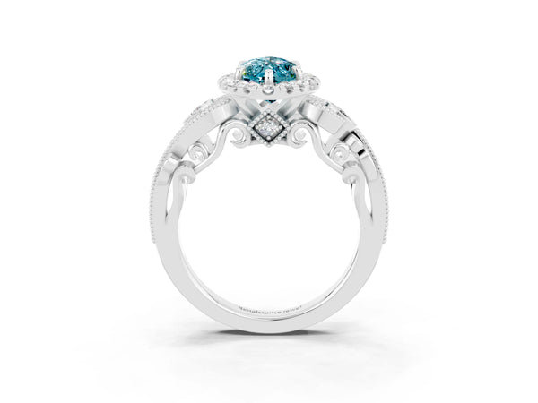 Platinum Marquise Cut Blue Topaz Halo Ring with Milgrain Pavé Band and Four-Prong Setting