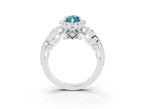 White gold Marquise Cut Blue Topaz Halo Ring with Milgrain Pavé Band and Four-Prong Setting_15