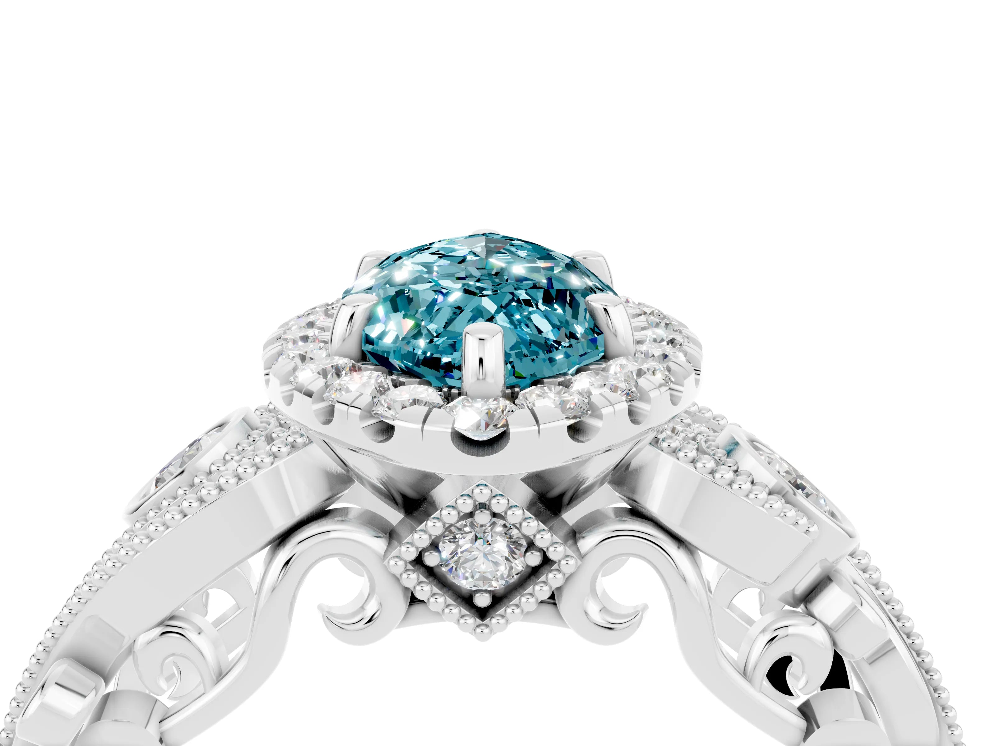 White gold Marquise Cut Blue Topaz Halo Ring with Milgrain Pavé Band and Four-Prong Setting_16