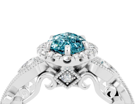 White gold Marquise Cut Blue Topaz Halo Ring with Milgrain Pavé Band and Four-Prong Setting_16