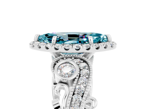 White gold Marquise Cut Blue Topaz Halo Ring with Milgrain Pavé Band and Four-Prong Setting_17
