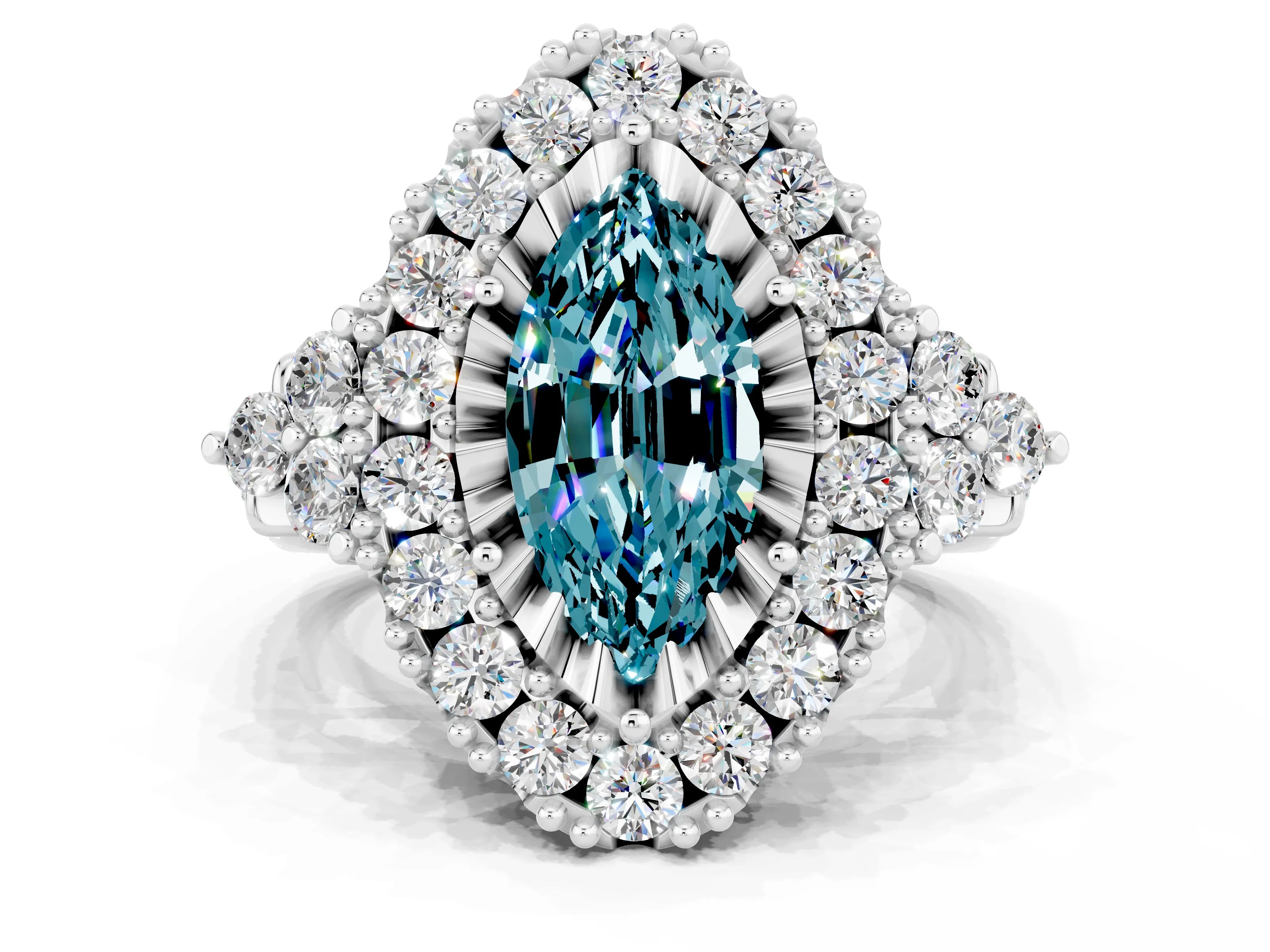 White gold Marquise Cut Blue Topaz Halo Ring with Pavé Band and Four-Prong Setting_12