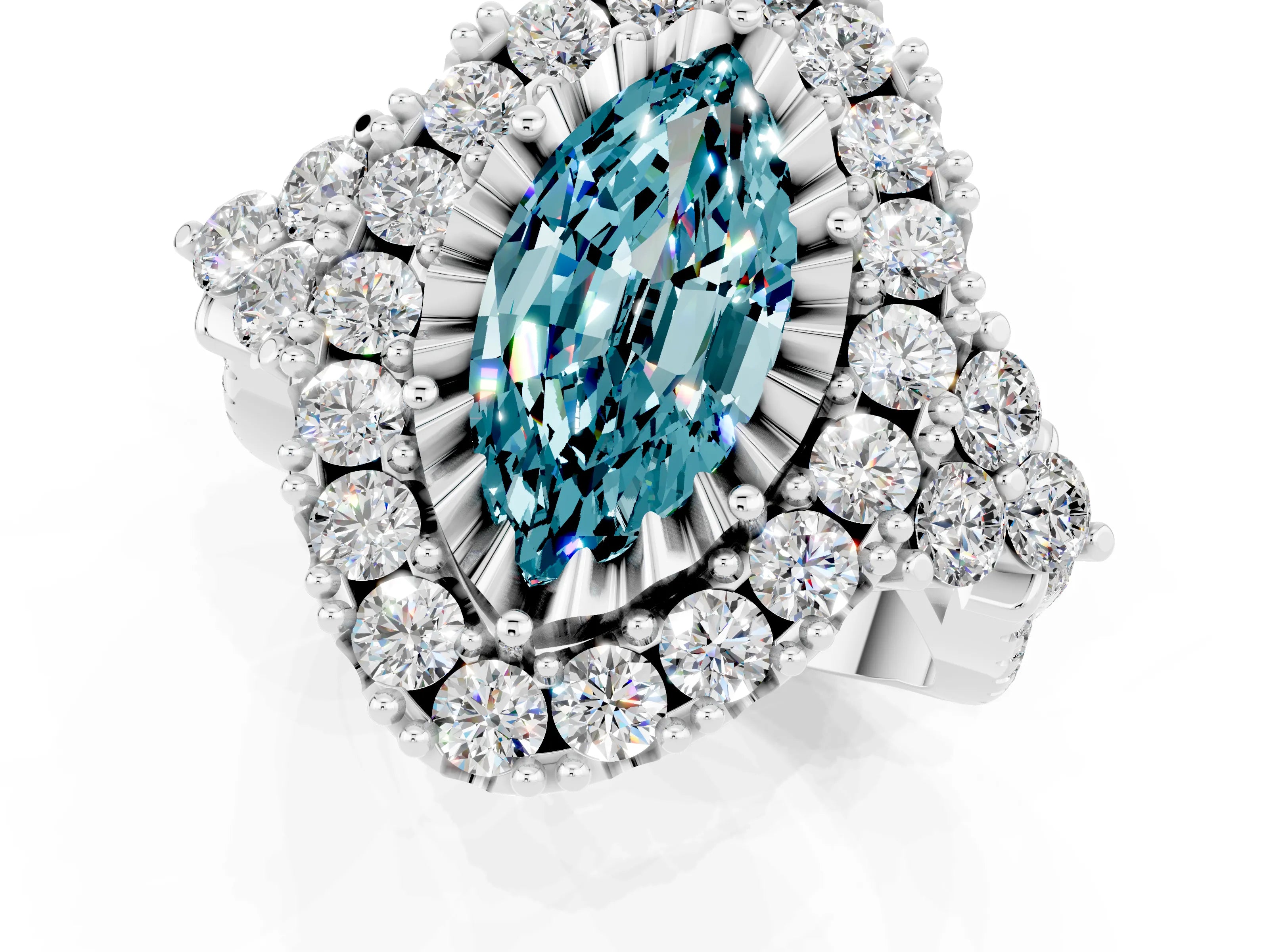 White gold Marquise Cut Blue Topaz Halo Ring with Pavé Band and Four-Prong Setting_13