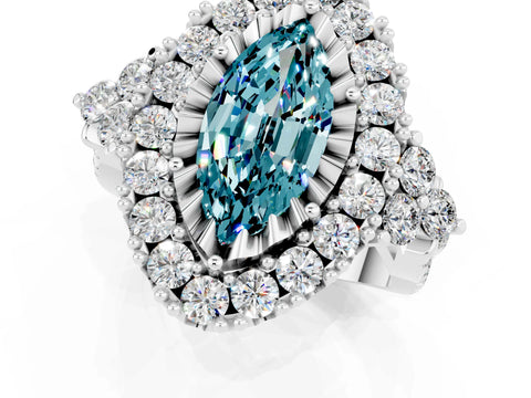White gold Marquise Cut Blue Topaz Halo Ring with Pavé Band and Four-Prong Setting_13