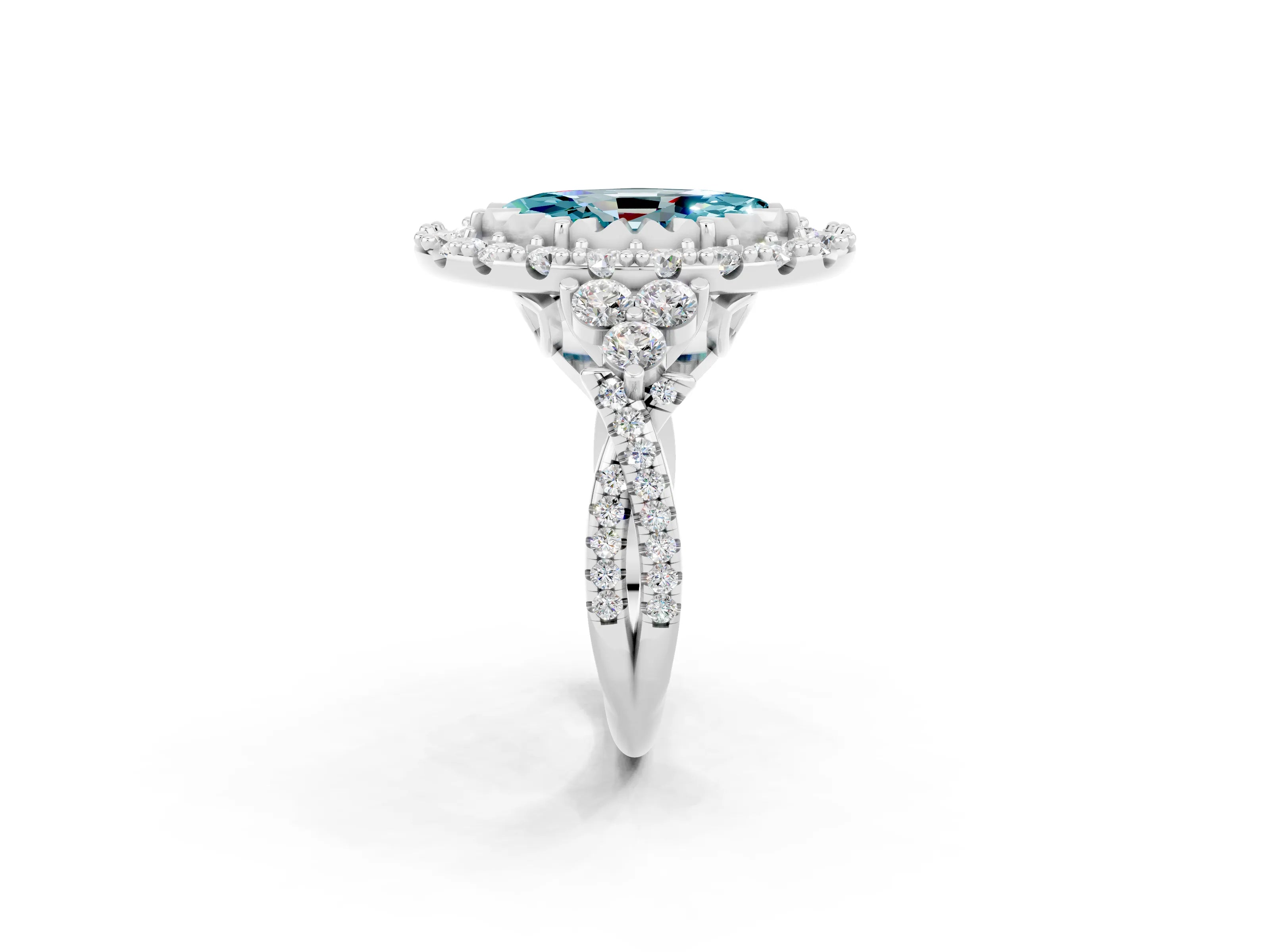 White gold Marquise Cut Blue Topaz Halo Ring with Pavé Band and Four-Prong Setting_14